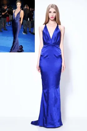 Plunging royal blue sleeveless mermaid celebrity Rosie Huntington Whiteley prom dress