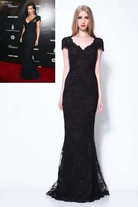 Black sequinned lace Scalloped V neck cap sleeve trumpet Kim Kardashian evening dress