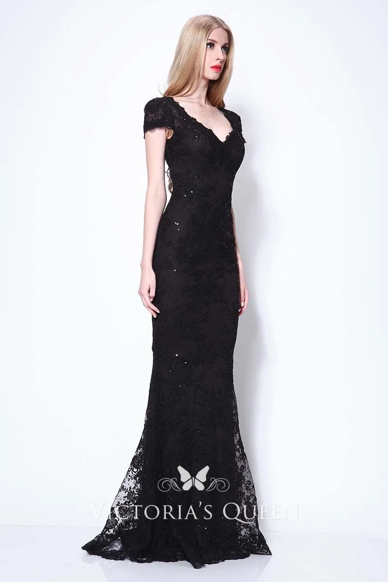 Black Sequined Lace Scalloped Trumpet Evening Dress - VQ