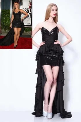 Beyonce black sequin and chiffon V neck high low prom dress