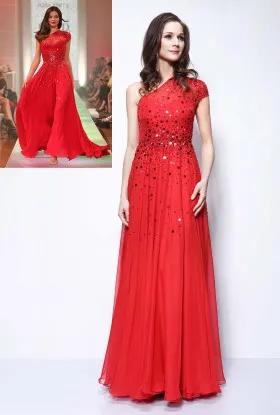 one shoulder cap sleeve sequined red floor length A line prom dress Miranda Kerr