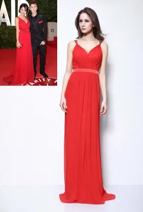 Selena Gomez spaghetti strap V neck red chiffon Oscars celebrity evening prom dress