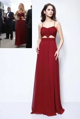 Blake Lively cutout pleated burgundy chiffon prom dress with spaghetti straps