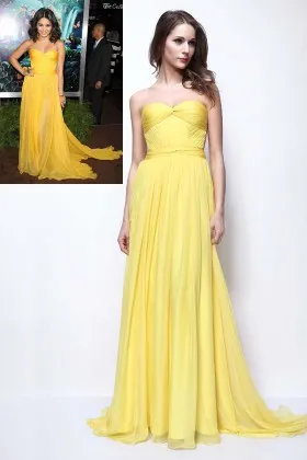 Pleated yellow chiffon strapless celebrity prom dress Vanessa Hudgens