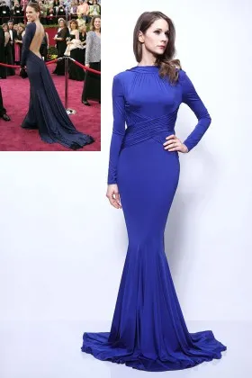 backless long sleeve crew neck Hilary Swank celebrity blue jersey evening formal dress