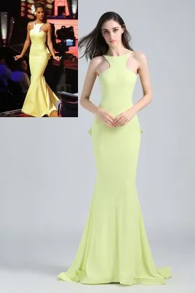 Mermaid lemon Nicole Scherzinger celebrity sleeveless evening prom dress