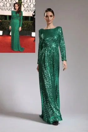 green sequin long sleeve bateau neck celebrity Angelina Jolie evening prom dress