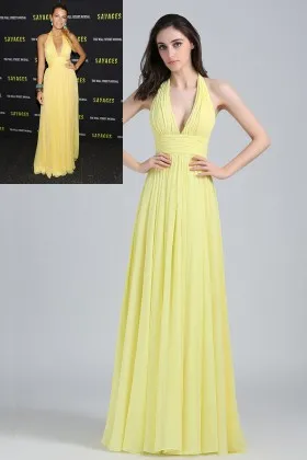 Plunging halter neck sleeveless yellow chiffon celebrity prom dress Blake Lively