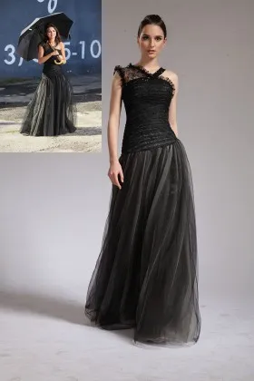 Black lace and tulle Asymmetrical strap Selena Gomez celebrity long prom dress