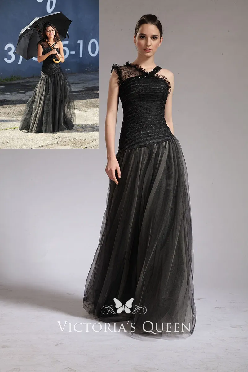 Asymmetrical Shoulder Straps Black Long Prom Dress - VQ