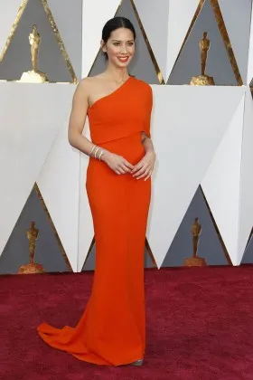 One shoulder orange chiffon mermaid celebrity evening dress Olivia Munn Oscars 2016