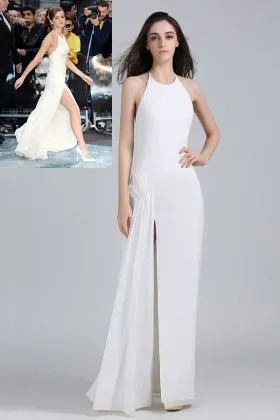 Sleeveless round halter neck Emma Watson white chiffon celebrity evening prom dress