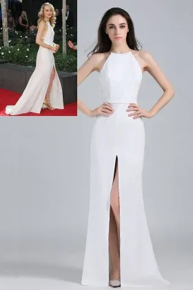 Taylor Schilling white sleeveless halter floor length slit prom dress