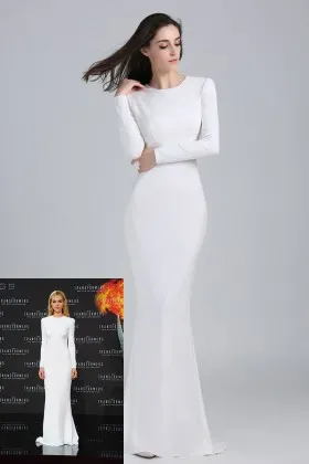 elegant long sleeve crew neck white slim long celebrity evening dress Nicola Peltz