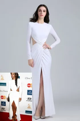 cutout white long sleeve celebrity slit long evening prom dress Gabrielle Union