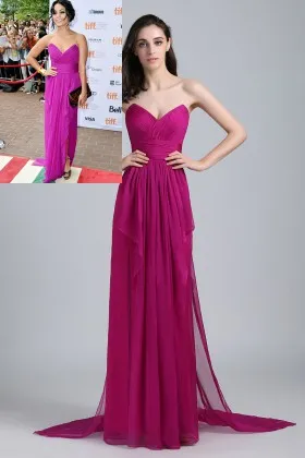 fuchsia chiffon sheath long V cut strapless draped prom dress Vanessa Hudgens