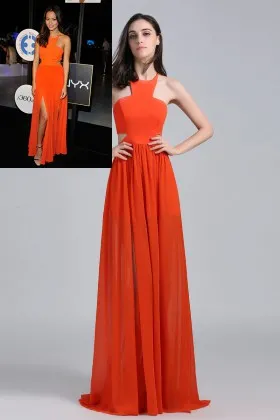 Halter neck lace up back cutout orange chiffon celebrity long prom dress Jamie Chung