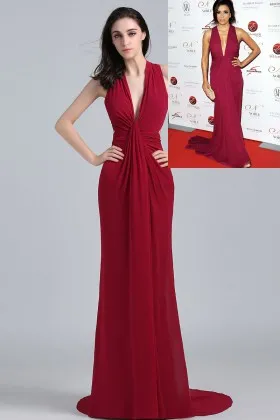 sleeveless plunging V neck criss cross draped burgundy chiffon prom dress Eva Longoria
