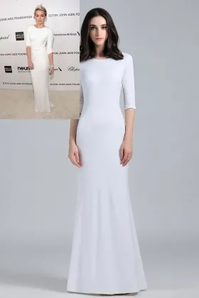 jewel neck elbow sleeve simple floor length white evening dress Miley Cyrus