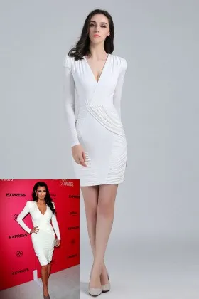 Kim Kardashian pleated white jersey long sleeve deep V neck cocktail dress Hollywood