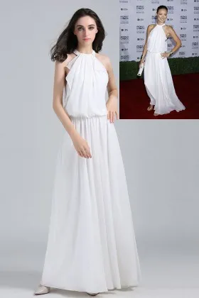 Olivia Wilde white chiffon ruffled halter A line long celebrity evening prom dress