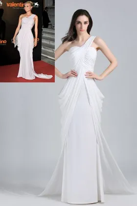 one shoulder draped white chiffon Diane Kruger celebrity evening prom gown