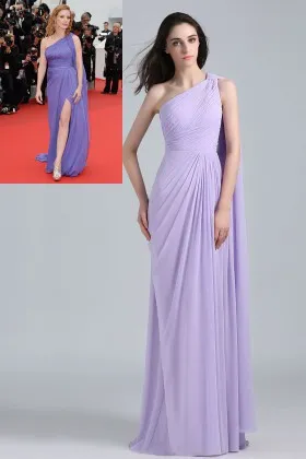 lavender chiffon pleated one shoulder prom dress Jessica Chastain red carpet