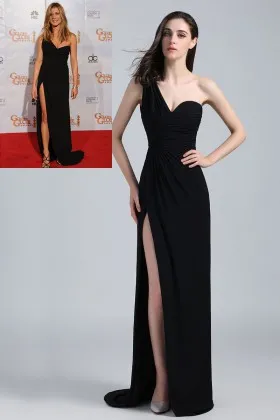 Black one shoulder floor length side slit celebrity prom dress Jennifer Aniston