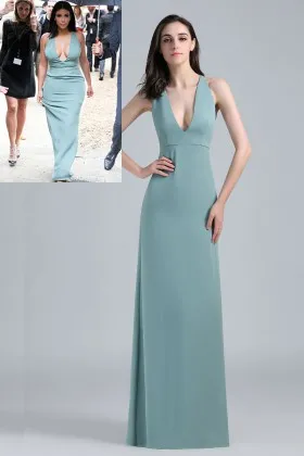 Kim Kardashian plunging V neck sleeveless fashion evening prom dress