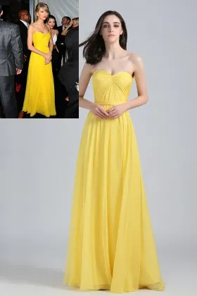 Taylor Swift simple strapless sweetheart yellow chiffon pleated celebrity bridesmaid dress