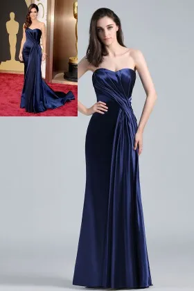 navy blue draped satin vintage strapless long prom dress Sandra Bullock Oscars 2014