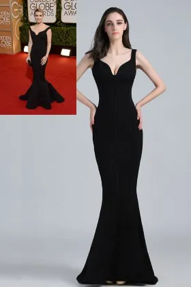elegant off the shoulder black body hugging mermaid evening dress Emma Roberts