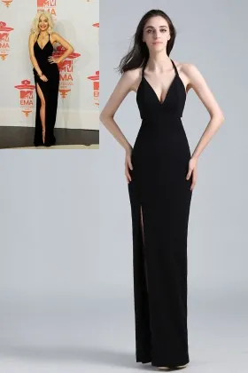 Rita Ora Pretty Black Halter Sheath Long Thigh high Slit Evening Prom Dress