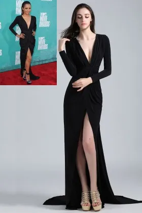 black sexy long sleeve plunging v neck high slit kat graham formal prom dress 1
