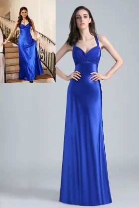Nina Dobrev shiny royal blue pleated empire sweetheart A line evening dress