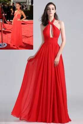 red unique halter plunging long chiffon ariana grande carpet prom dress