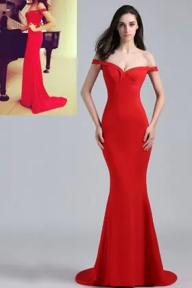 red off the shoulder mermaid long popular evening prom formal dress