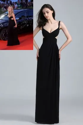 Sexy Black Open Back V neck Rosamund Pike Long Evening Prom Dress