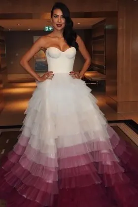 AFL WAG Ana Calle strapless sweetheart white to plum tiered tulle dress