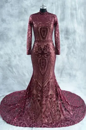Geometrical burgundy sequin high neck long sleeve long prom dress