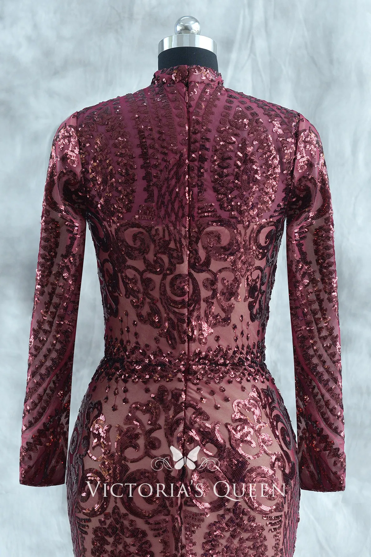 Burgundy Sequin High Neck Long Sleeve 