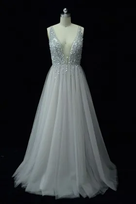 pearls embellished plunging floor length A line light grey tulle designer prom dress
