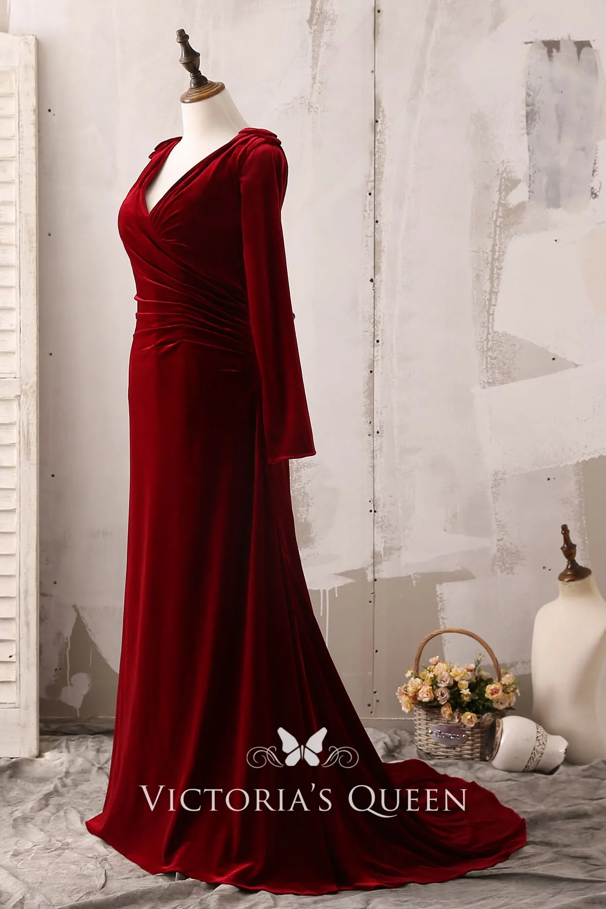 burgundy velvet long sleeve V neck evening dress burgundy velvet long sleeve V neck evening dress