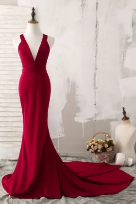 Sleeveless Deep V neck Mermaid Long Red Spandex Prom Dress with Chapel Train