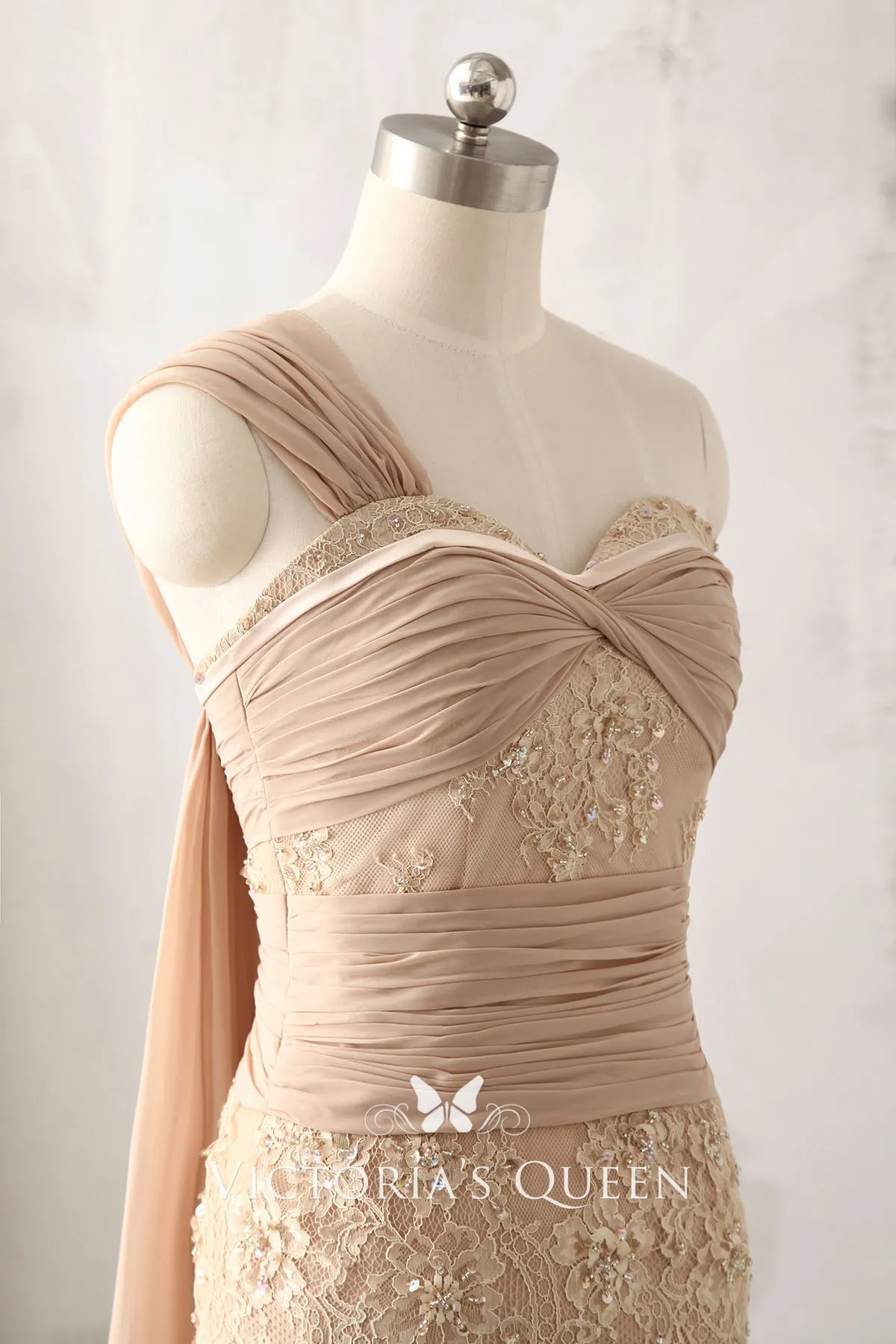 Floral Lace One Shoulder Apricot Chiffon Prom Dress VQ