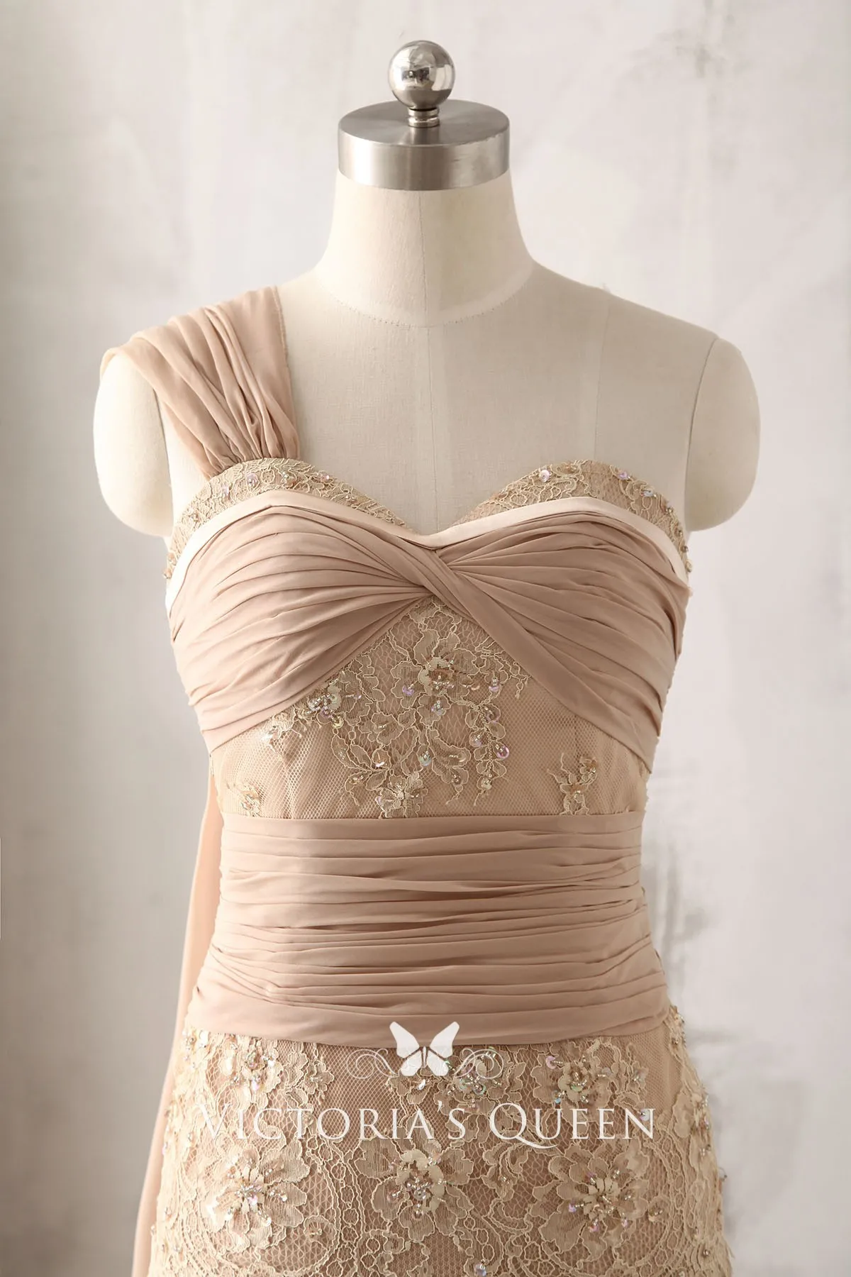 Floral Lace One Shoulder Apricot Chiffon Prom Dress VQ