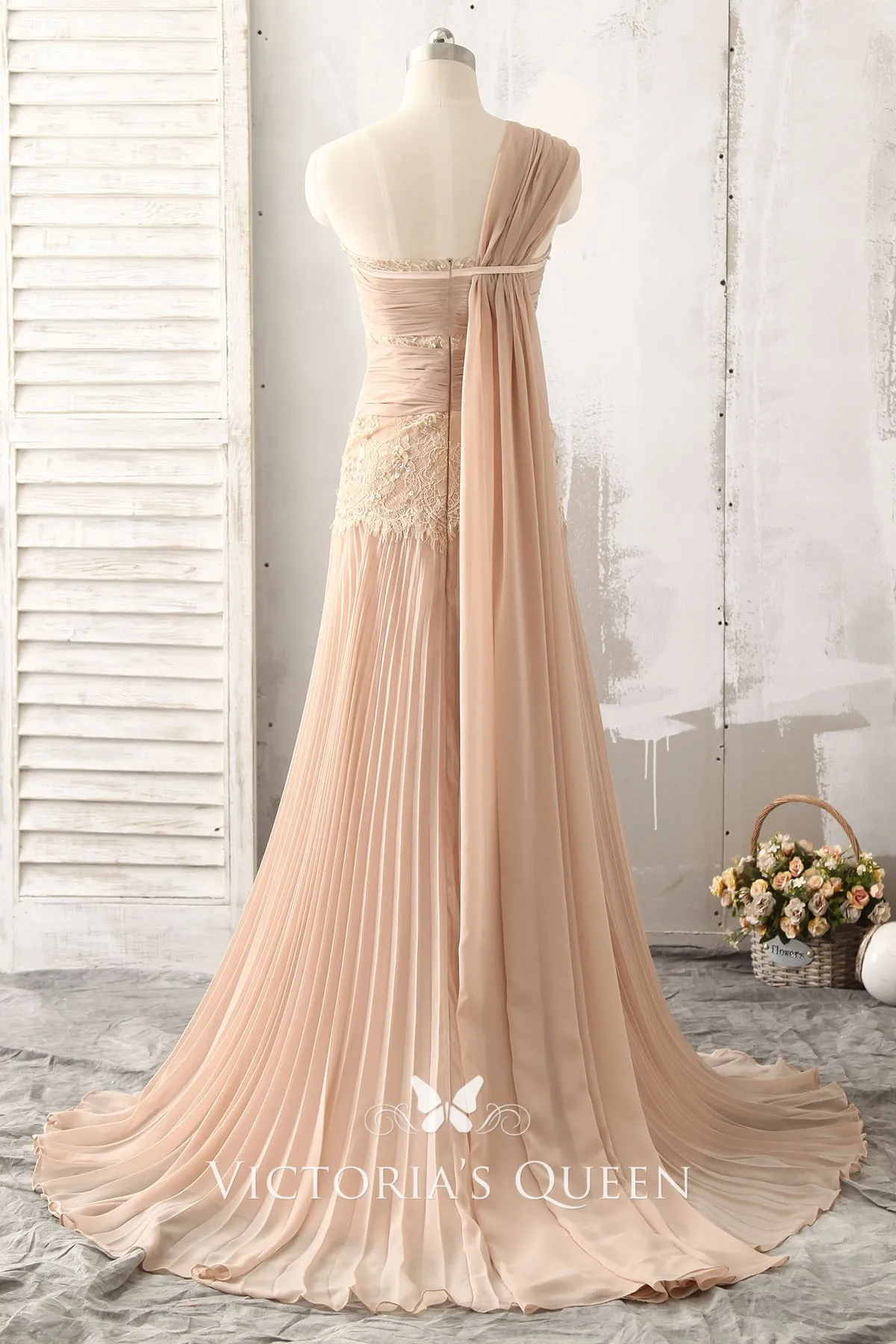 Floral Lace One Shoulder Apricot Chiffon Prom Dress VQ