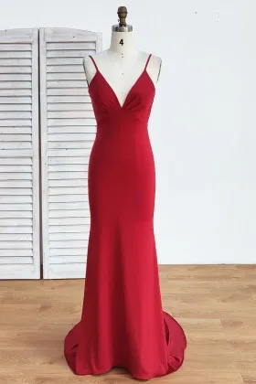 red jersey pleated v neck low back mermaid formal gown