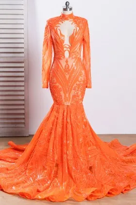 horsehair mermaid long train orange unique sequin African American prom dress