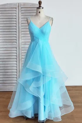 blue sleeveless open back horsehair floor length prom gown